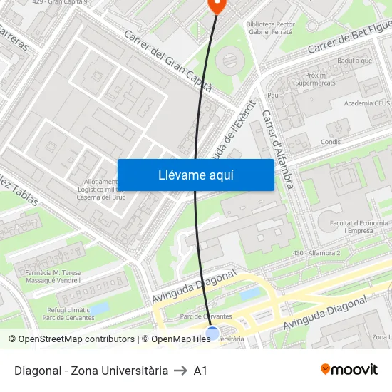 Diagonal - Zona Universitària to A1 map