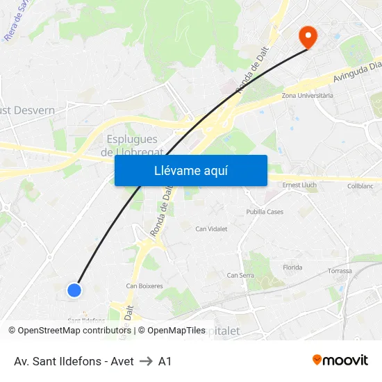 Av. Sant Ildefons - Avet to A1 map
