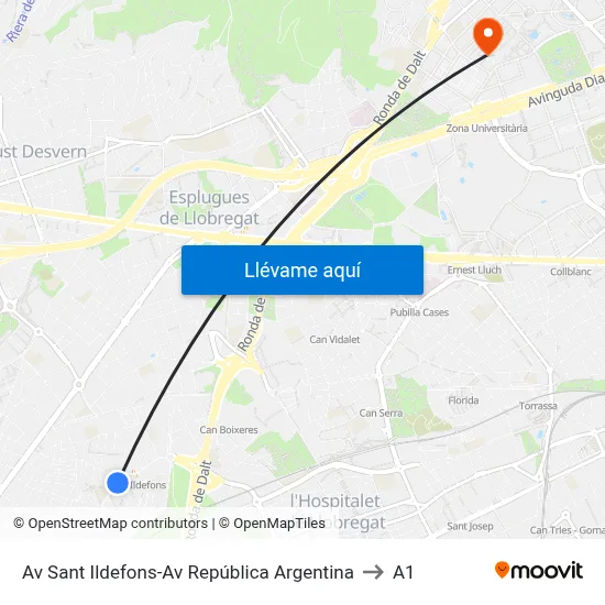 Av Sant Ildefons-Av República Argentina to A1 map