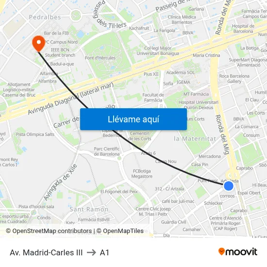 Av. Madrid-Carles III to A1 map