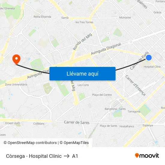 Còrsega - Hospital Clínic to A1 map