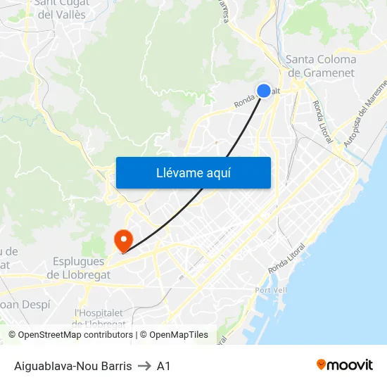 Aiguablava-Nou Barris to A1 map