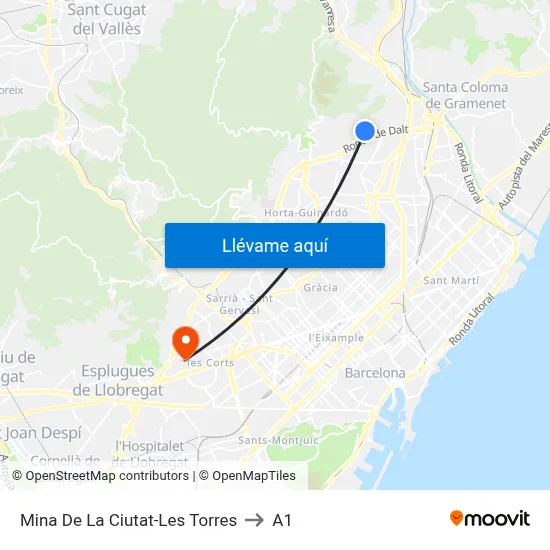 Mina De La Ciutat-Les Torres to A1 map