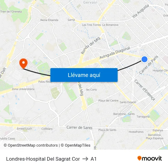 Londres-Hospital Del Sagrat Cor to A1 map