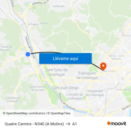 Quatre Camins - N340 (A Molins) to A1 map
