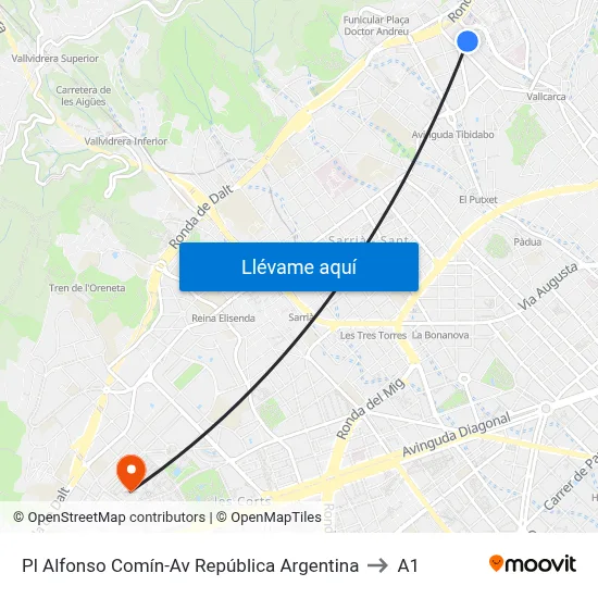 Pl Alfonso Comín-Av República Argentina to A1 map