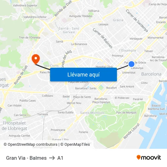 Gran Via - Balmes to A1 map