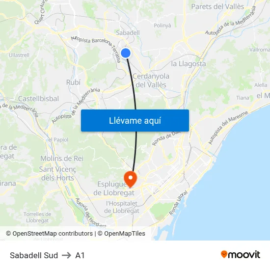 Sabadell Sud to A1 map