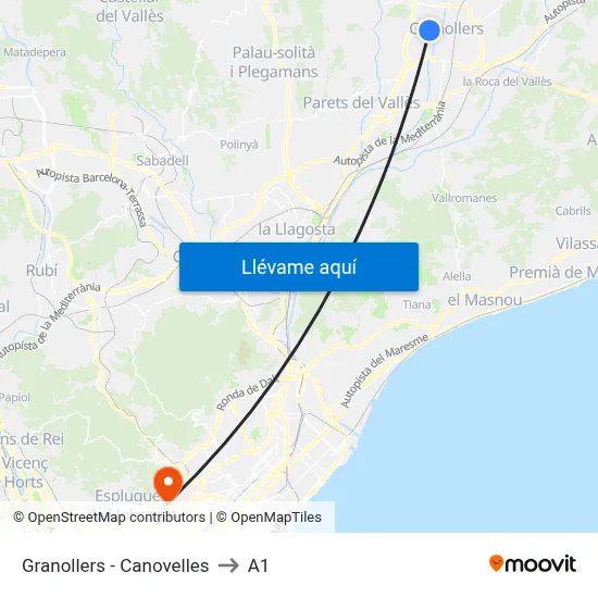 Granollers - Canovelles to A1 map