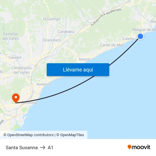 Santa Susanna to A1 map