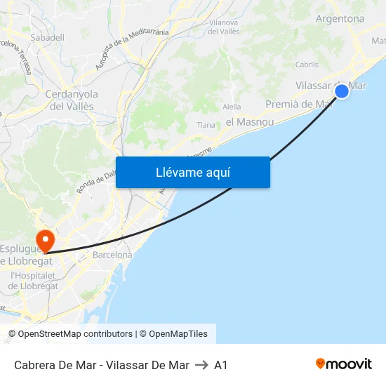 Cabrera De Mar - Vilassar De Mar to A1 map