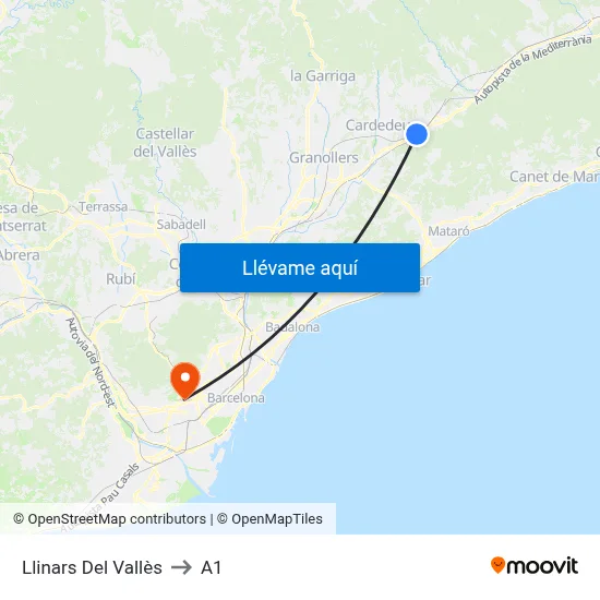 Llinars Del Vallès to A1 map