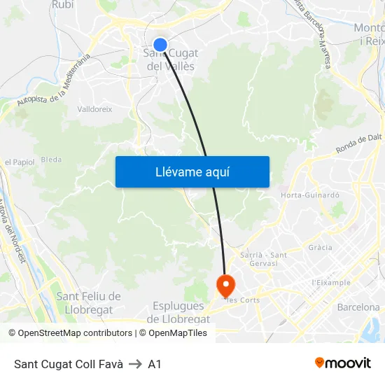 Sant Cugat Coll Favà to A1 map