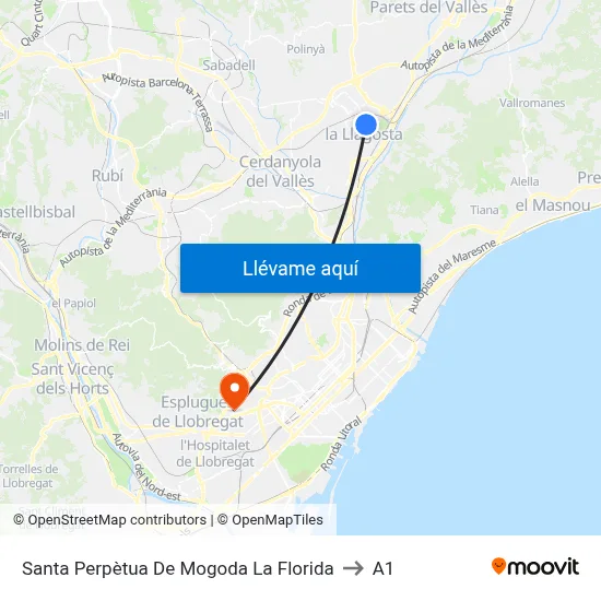 Santa Perpètua De Mogoda La Florida to A1 map