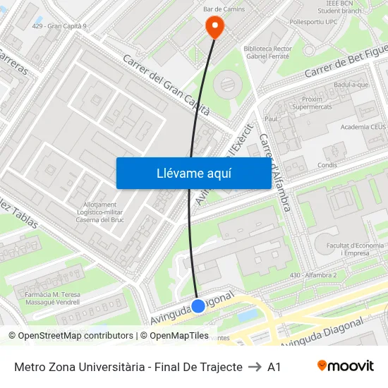 Metro Zona Universitària - Final De Trajecte to A1 map