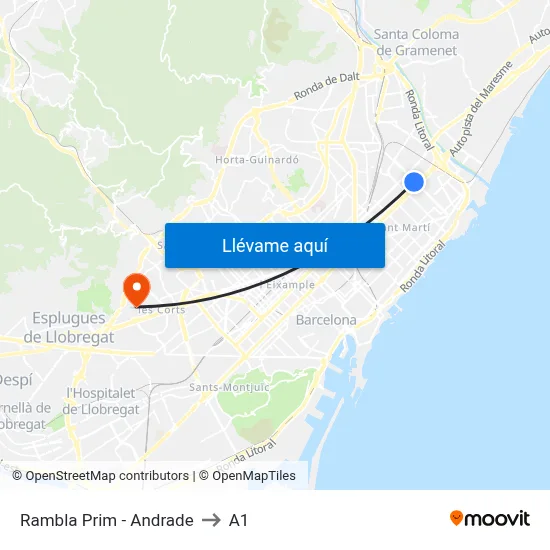 Rambla Prim - Andrade to A1 map