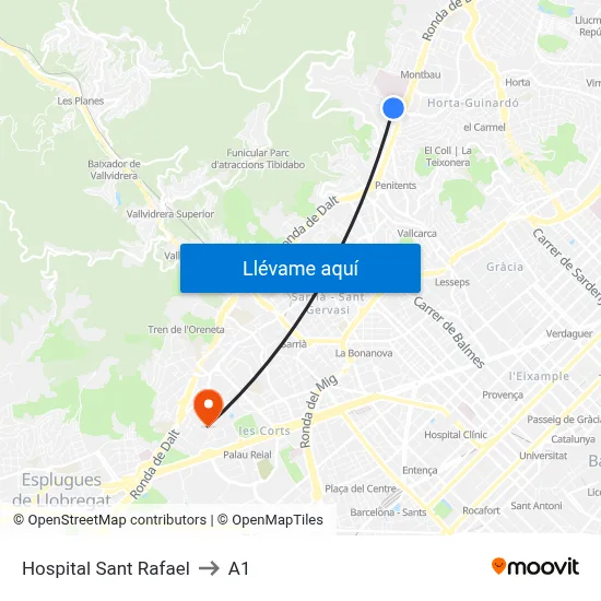 Hospital Sant Rafael to A1 map