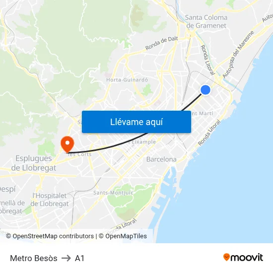 Metro Besòs to A1 map