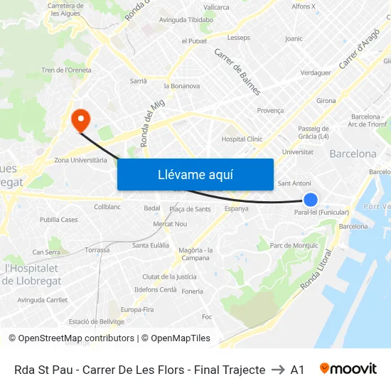 Rda St Pau - Carrer De Les Flors - Final Trajecte to A1 map