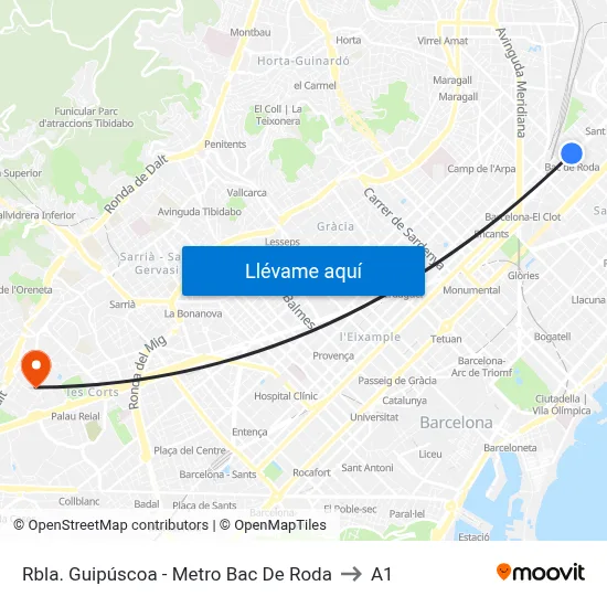 Rbla. Guipúscoa - Metro Bac De Roda to A1 map