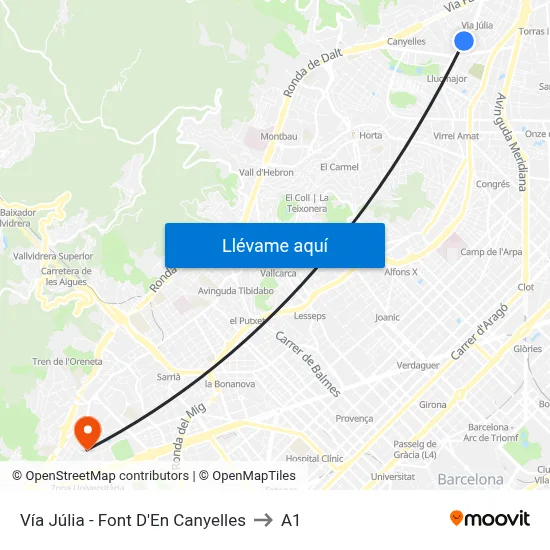 Vía Júlia - Font D'En Canyelles to A1 map