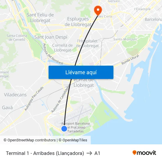 Terminal 1 - Arribades (Llançadora) to A1 map
