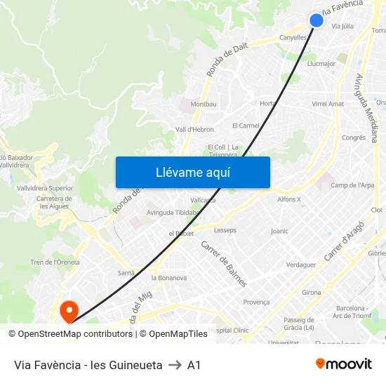 Via Favència - Ies Guineueta to A1 map