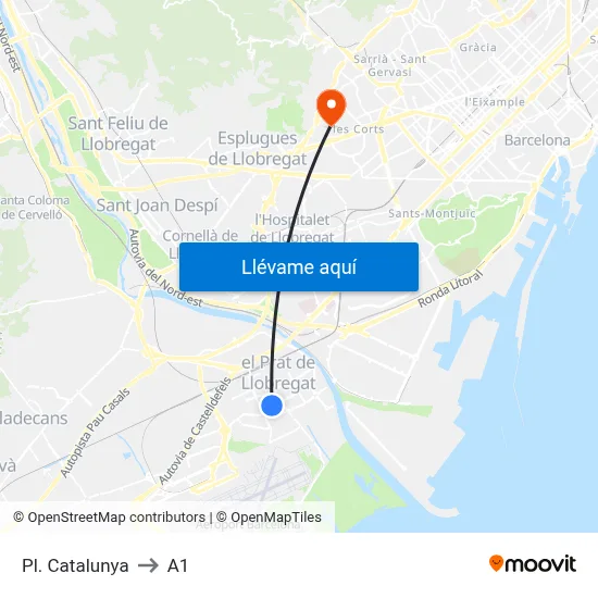 Pl. Catalunya to A1 map