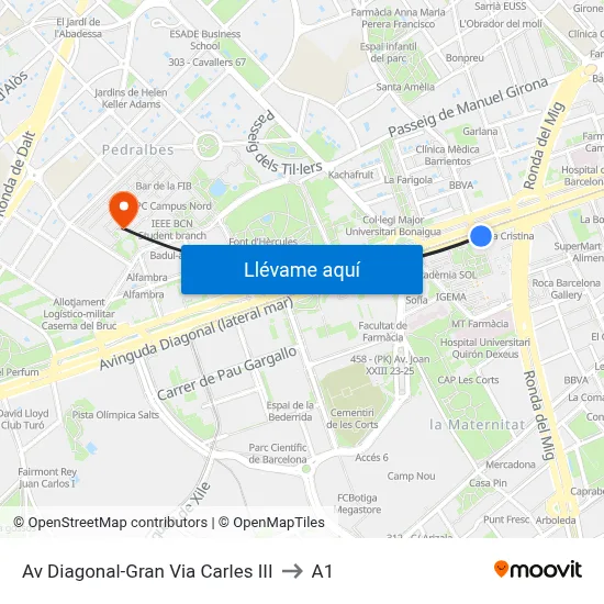 Av Diagonal-Gran Via Carles III to A1 map