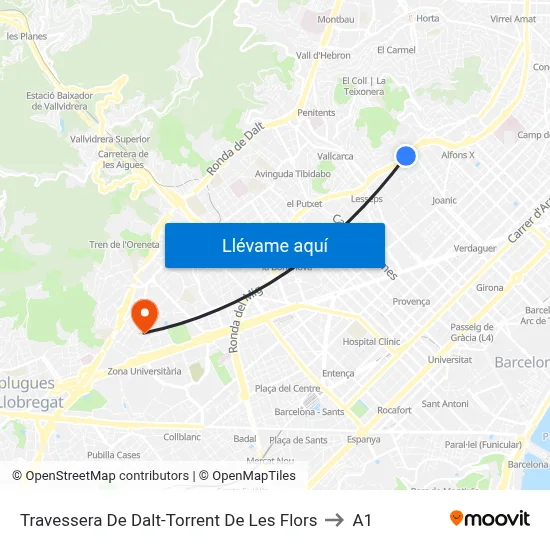 Travessera De Dalt-Torrent De Les Flors to A1 map