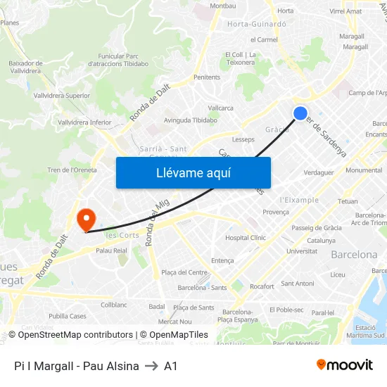 Pi I Margall - Pau Alsina to A1 map