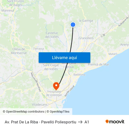 Av. Prat De La Riba - Pavelló Poliesportiu to A1 map