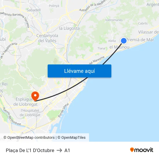 Plaça De L'1 D'Octubre to A1 map