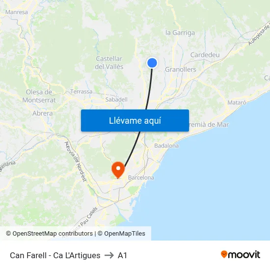 Can Farell - Ca L'Artigues to A1 map