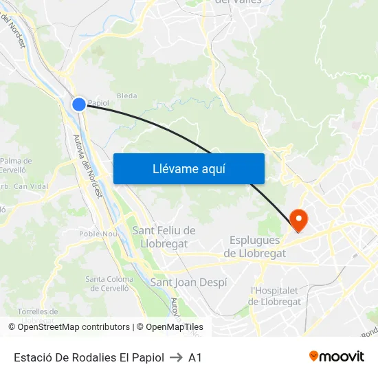Estació De Rodalies El Papiol to A1 map