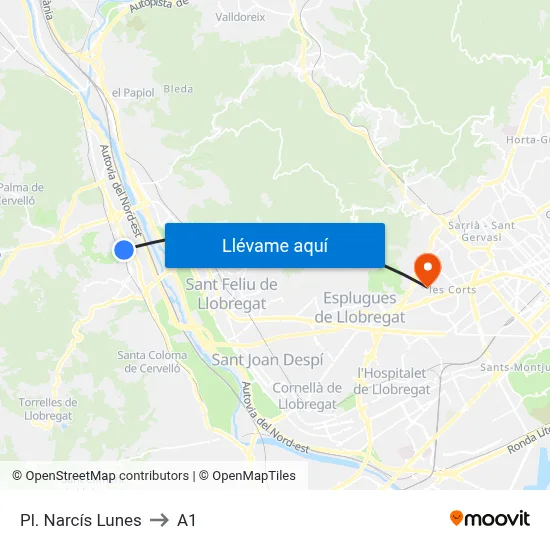 Pl. Narcís Lunes to A1 map