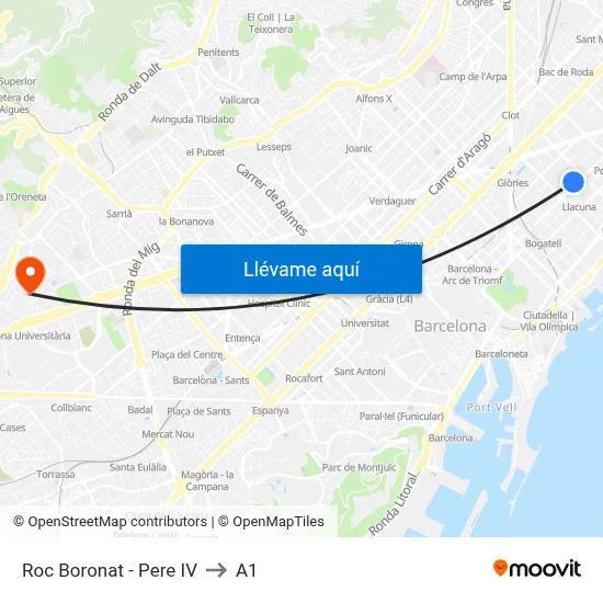 Roc Boronat - Pere IV to A1 map