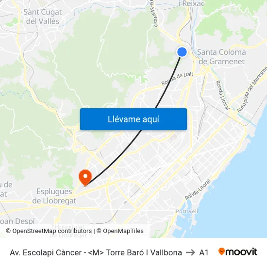 Av. Escolapi Càncer - <M> Torre Baró I Vallbona to A1 map