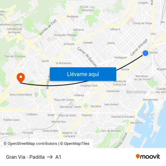 Gran Via - Padilla to A1 map