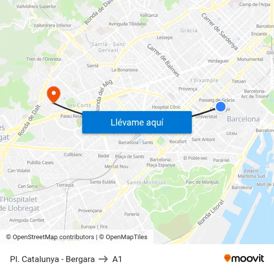 Pl. Catalunya - Bergara to A1 map