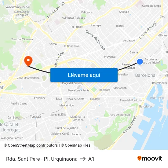 Rda. Sant Pere - Pl. Urquinaona to A1 map