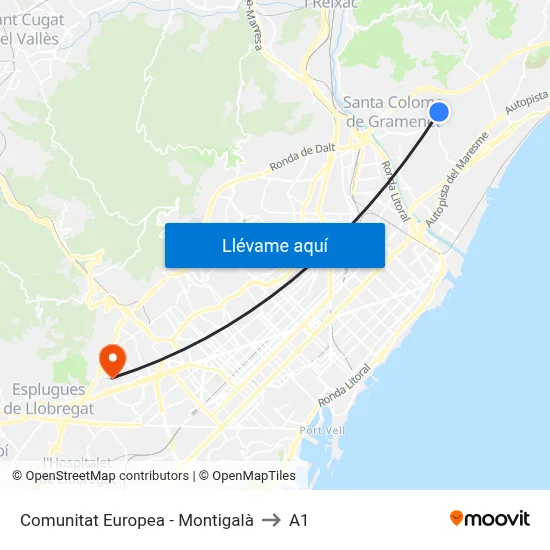 Comunitat Europea - Montigalà to A1 map