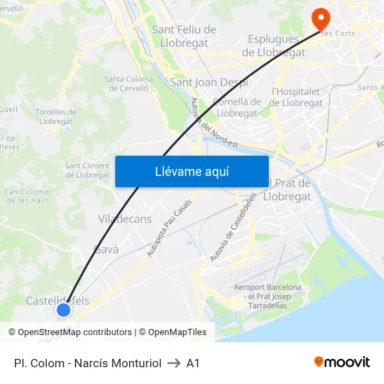 Pl. Colom - Narcís Monturiol to A1 map