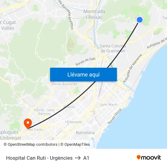 Hospital Can Ruti - Urgències to A1 map