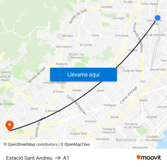 Estació Sant Andreu to A1 map