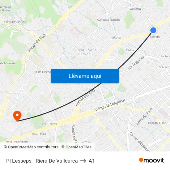 Pl Lesseps - Riera De Vallcarca to A1 map