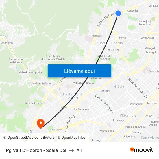 Pg Vall D'Hebron - Scala Dei to A1 map