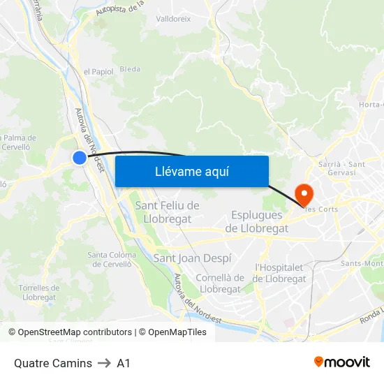 Quatre Camins to A1 map