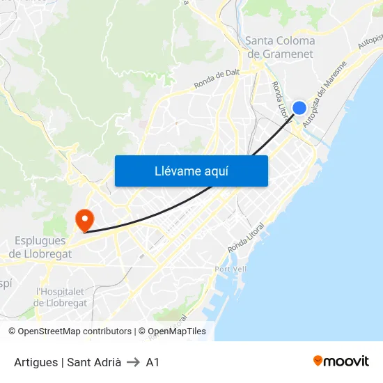 Artigues | Sant Adrià to A1 map