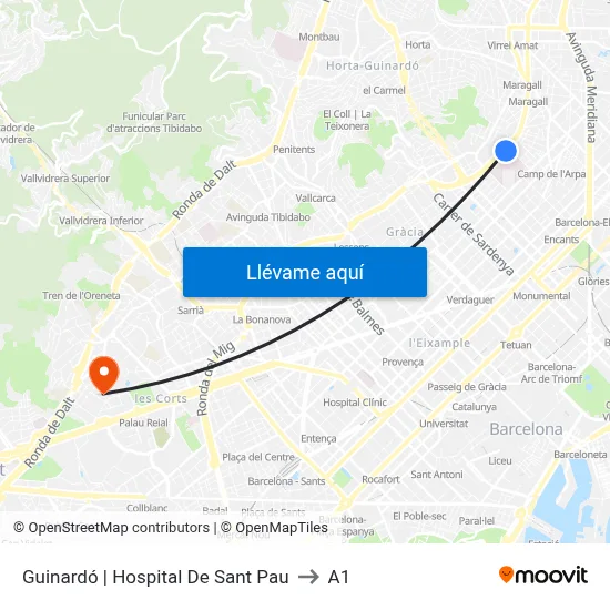 Guinardó | Hospital De Sant Pau to A1 map